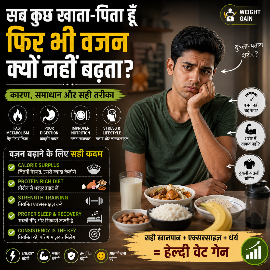 Frustrated thin young Indian man sitting with a full plate of healthy food, worried about not gaining weight despite eating everything due to poor digestion and fast metabolism