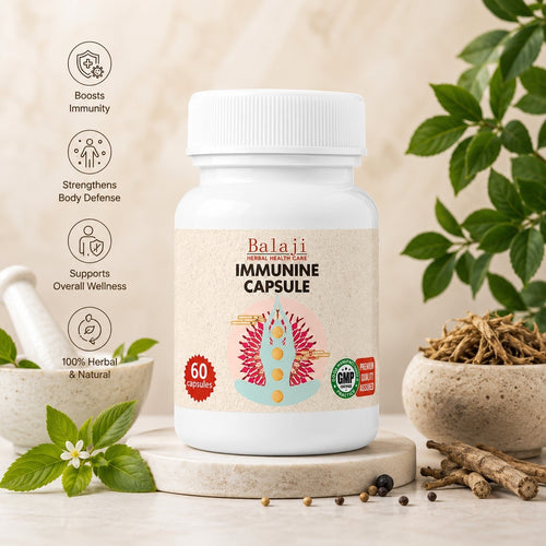  Immunine Capsule bottle with natural herbs, highlighting 100% natural immunity boosting benefits.