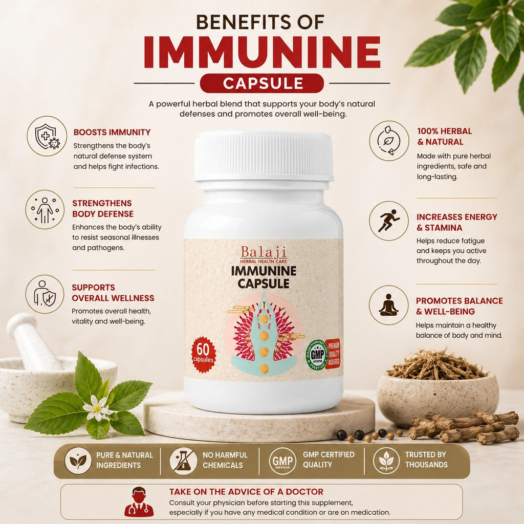 Infographic showing the health benefits of Immunine Capsule, including increased energy, strong body defense, and overall wellness.