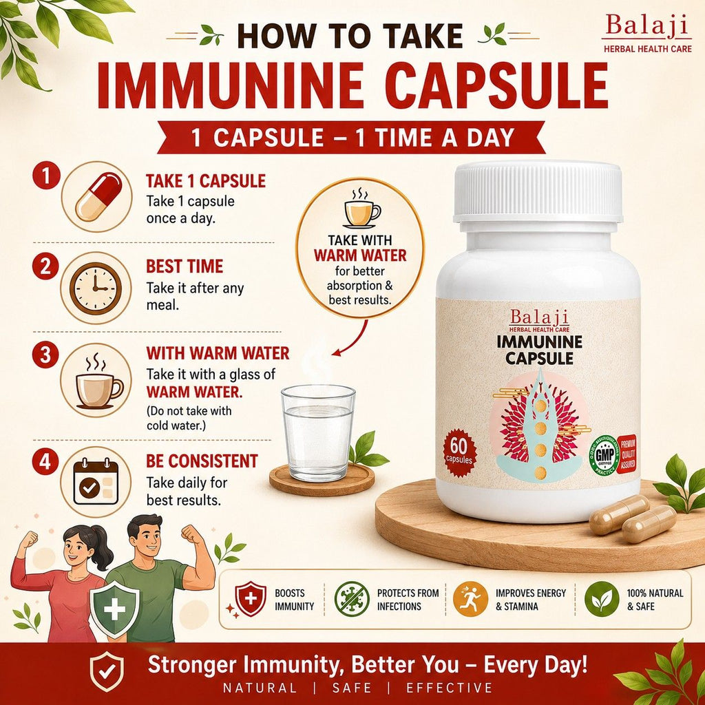 Instructions on how to take Immunine Capsule: 1 capsule daily with warm water for stronger immunity and infection protection.⁠
