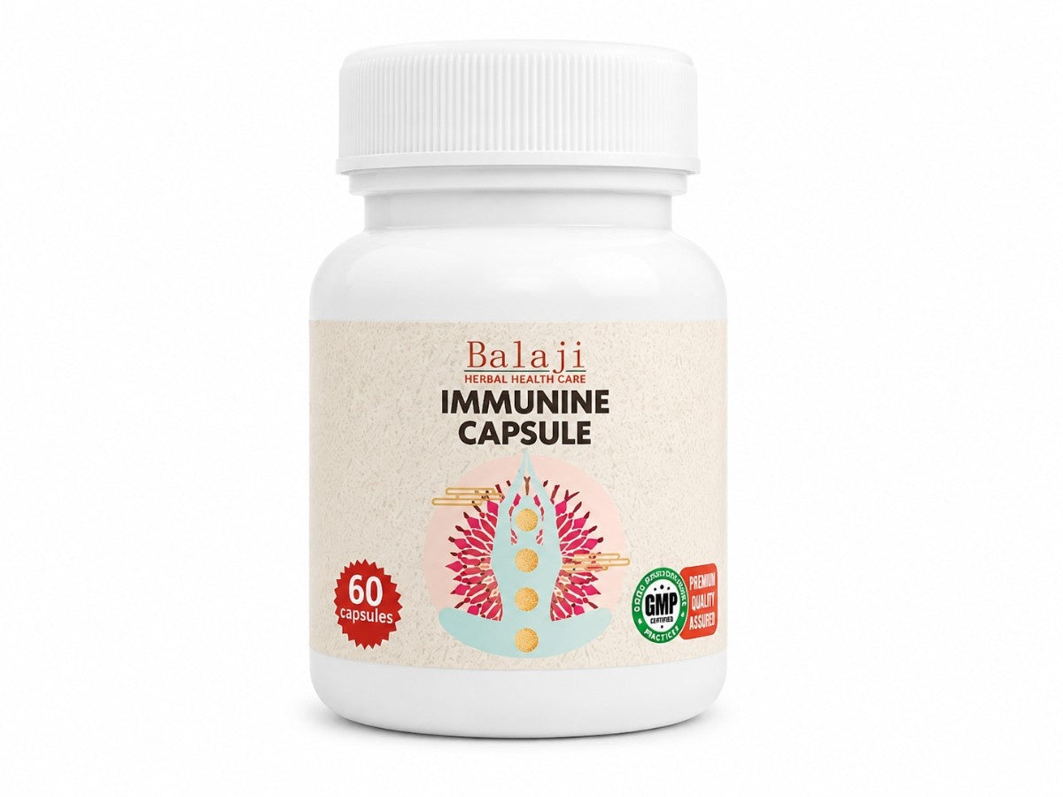 Front view of Balaji Herbal Health Care Immunine Capsule bottle, 60 Ayurvedic capsules for immune system support.⁠