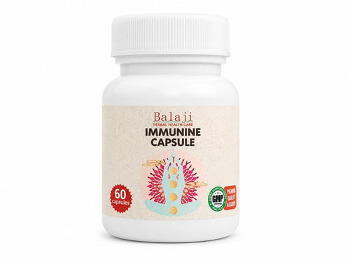 Front view of Balaji Herbal Health Care Immunine Capsule bottle, 60 Ayurvedic capsules for immune system support.⁠