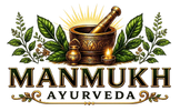 Logo of Manmukh Ayurveda with a mortar and pestle, leaves, and a candle on a white background.