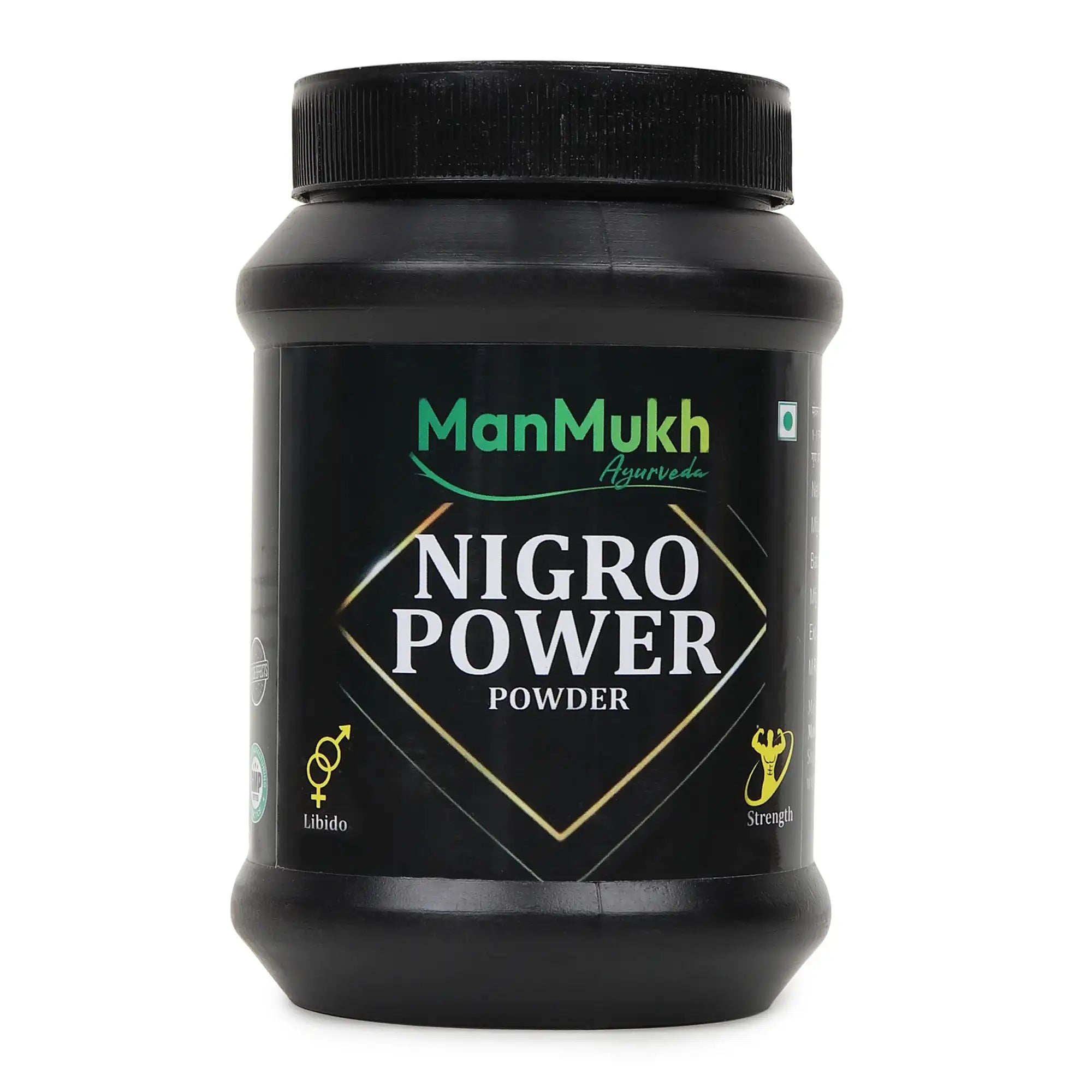 Front view of ManMukh Ayurveda Nigro Power Powder black jar, an authentic ayurvedic medicine for improving libido and physical strength