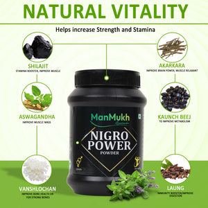 ManMukh Ayurveda Nigro Power Powder natural ingredients including Shilajit, Ashwagandha, and Kaunch Beej for vitality and muscle strength.