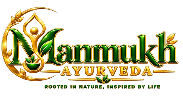 Manmukh Ayurveda green and gold logo with circular golden leaf emblem and brand tagline