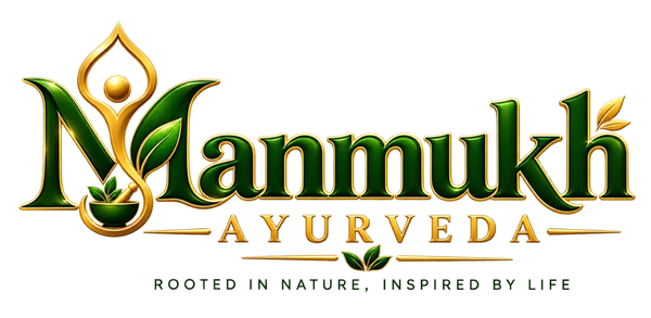 Manmukh Ayurveda green and gold logo with Ayurvedic mortar, leaves and brand tagline